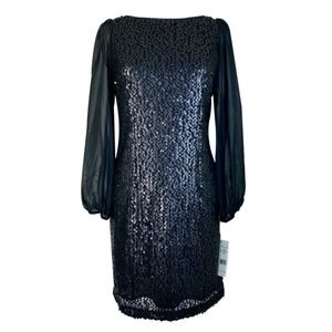 Eliza J Black Sequin Cocktail Dress Chiffon Sleeve